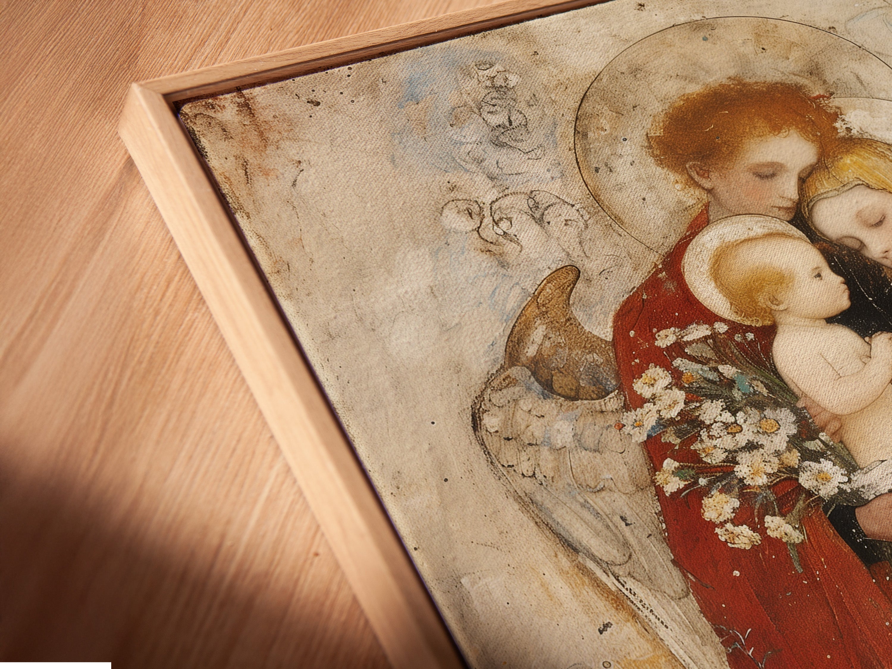 This is a close-up angled view of a canvas print in a floating frame. The Madonna and Child Renaissance religious artwork is displayed. It enhances various decor styles. Get yours today.