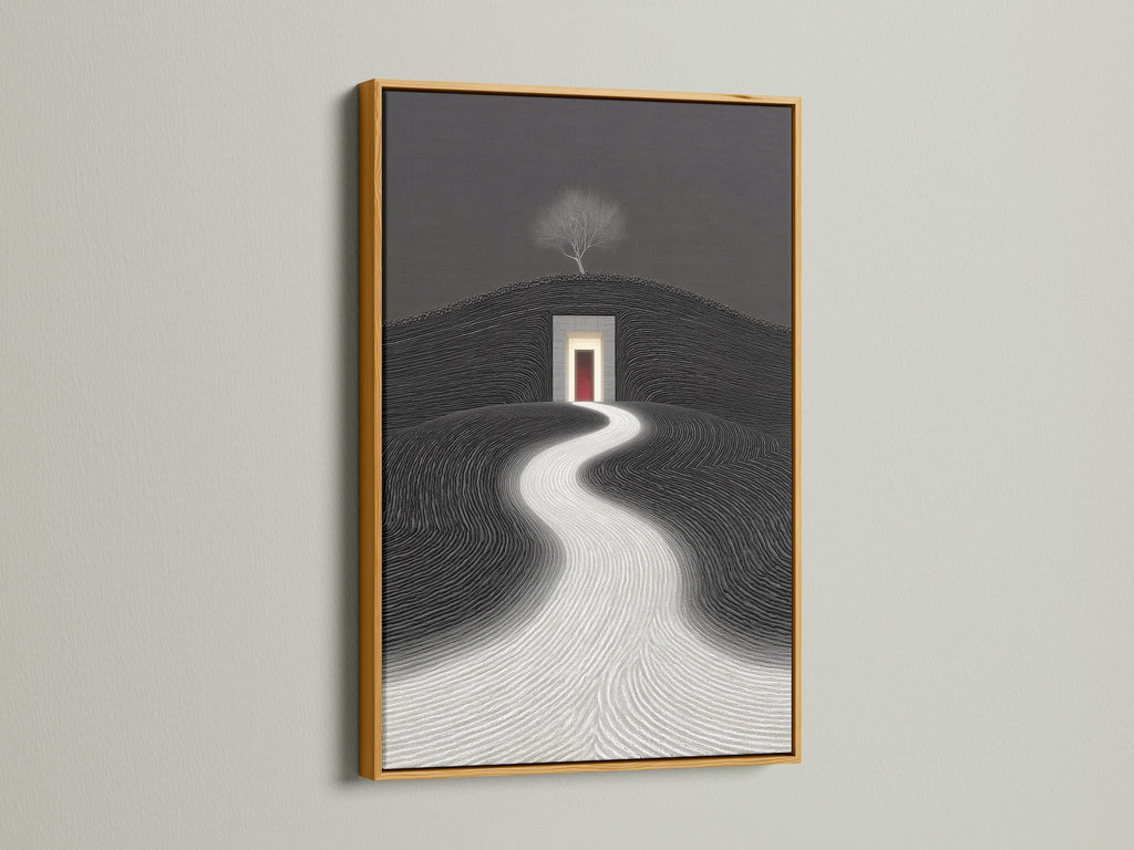 Admire a gold frame showcasing a surreal landscape art print. The minimalist canvas wall art brings modern elegance. Black and white geometric decor is ideal for bedrooms. Explore zen wall art to enhance your home decor today.