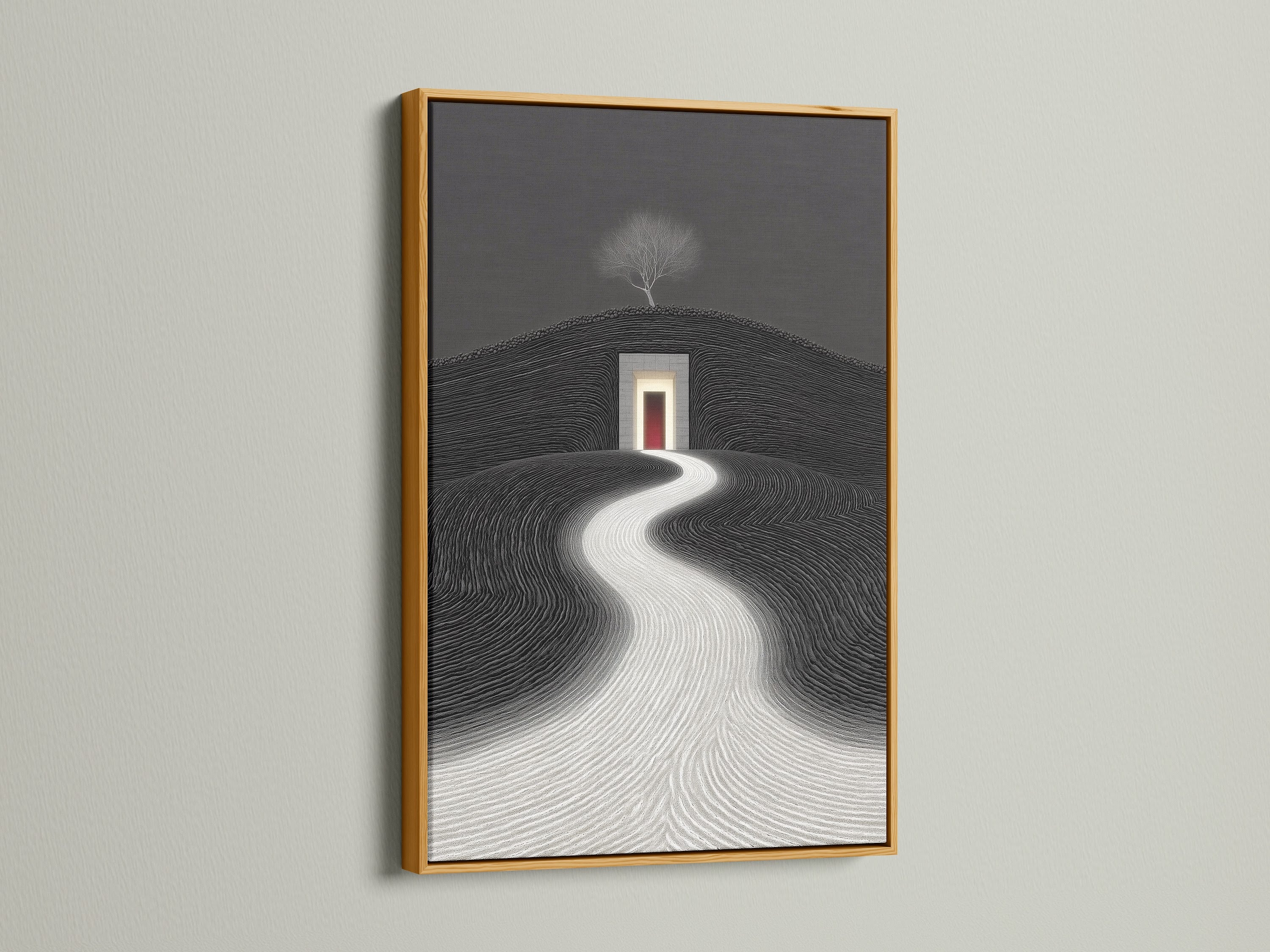 Admire a gold frame showcasing a surreal landscape art print. The minimalist canvas wall art brings modern elegance. Black and white geometric decor is ideal for bedrooms. Explore zen wall art to enhance your home decor today.