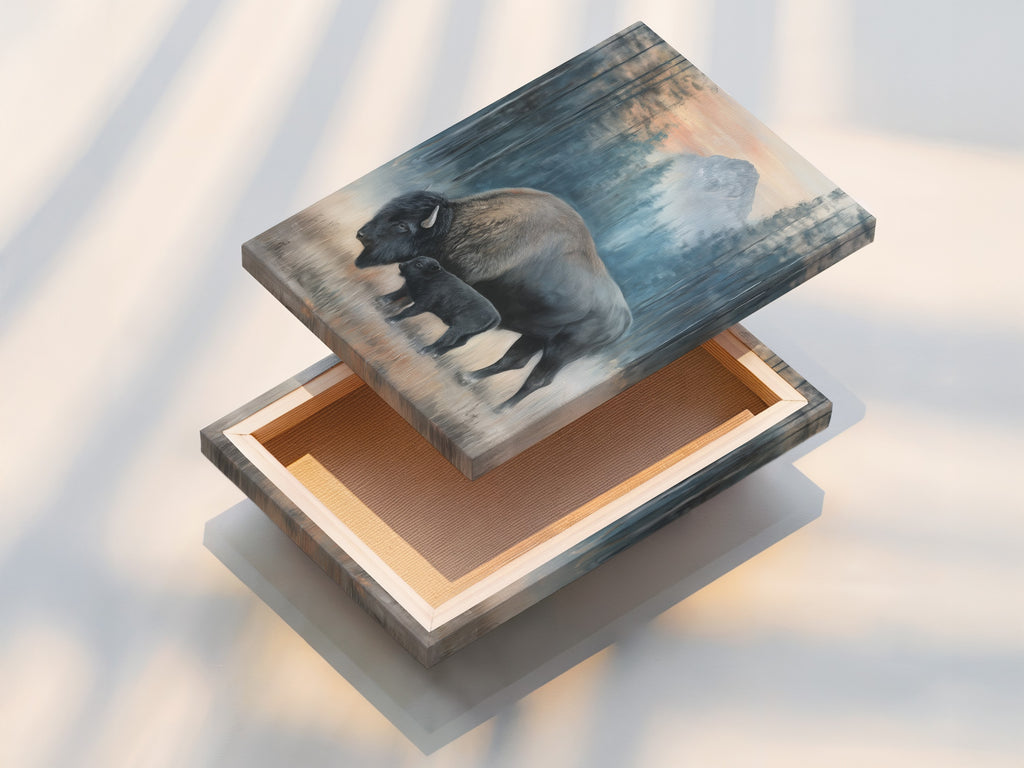 This is a stretched canvas print. It showcases bison art. The artwork depicts a mother and calf. Ready to hang and adds rustic charm to any space. A perfect wildlife canvas for cabin decor.