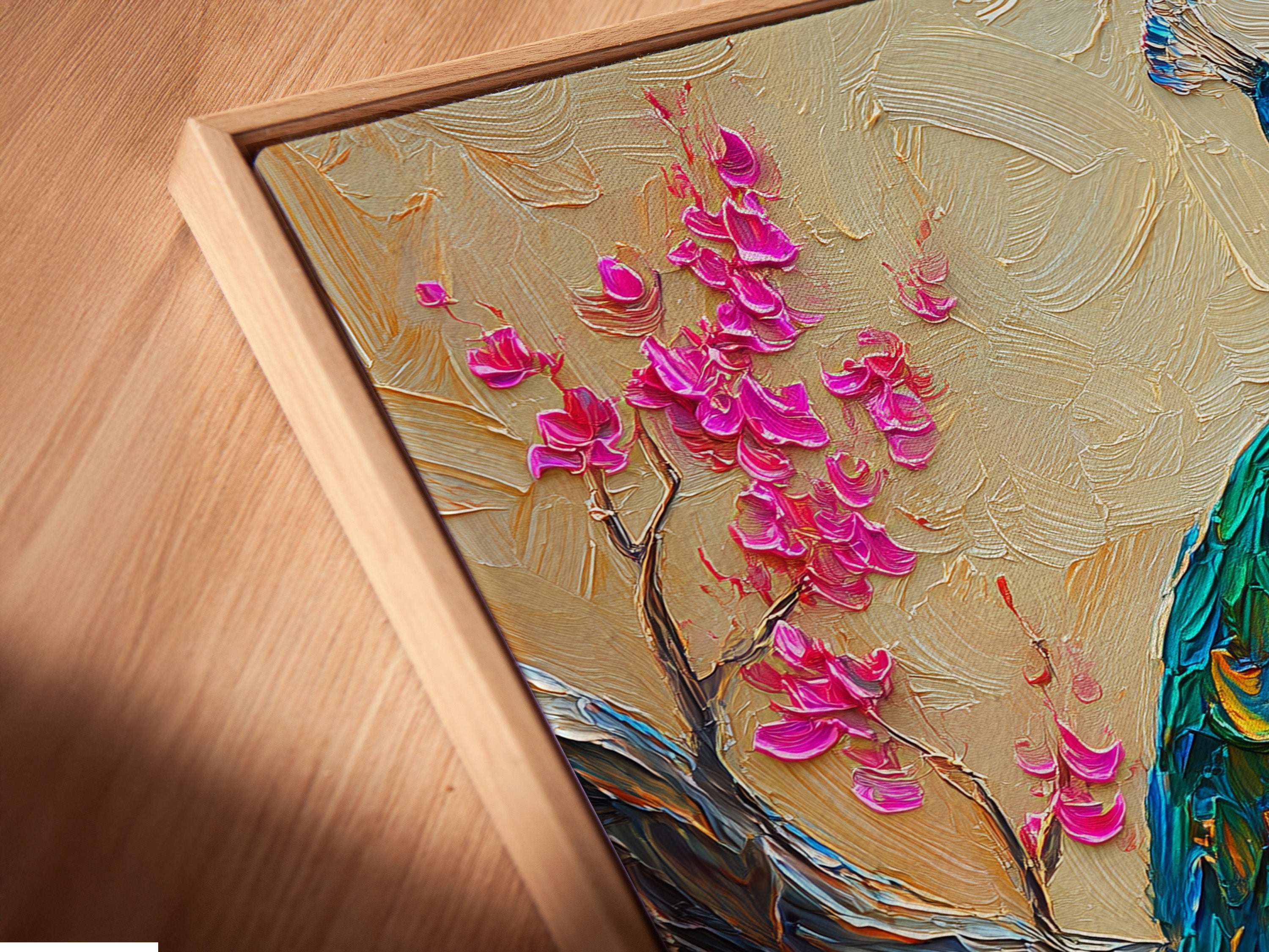 Vibrant Peacock Oil Painting - Colorful Bird Art, Floral Branch Canvas Wall Decor, Nature Inspired Home Art, Living Room Artwork