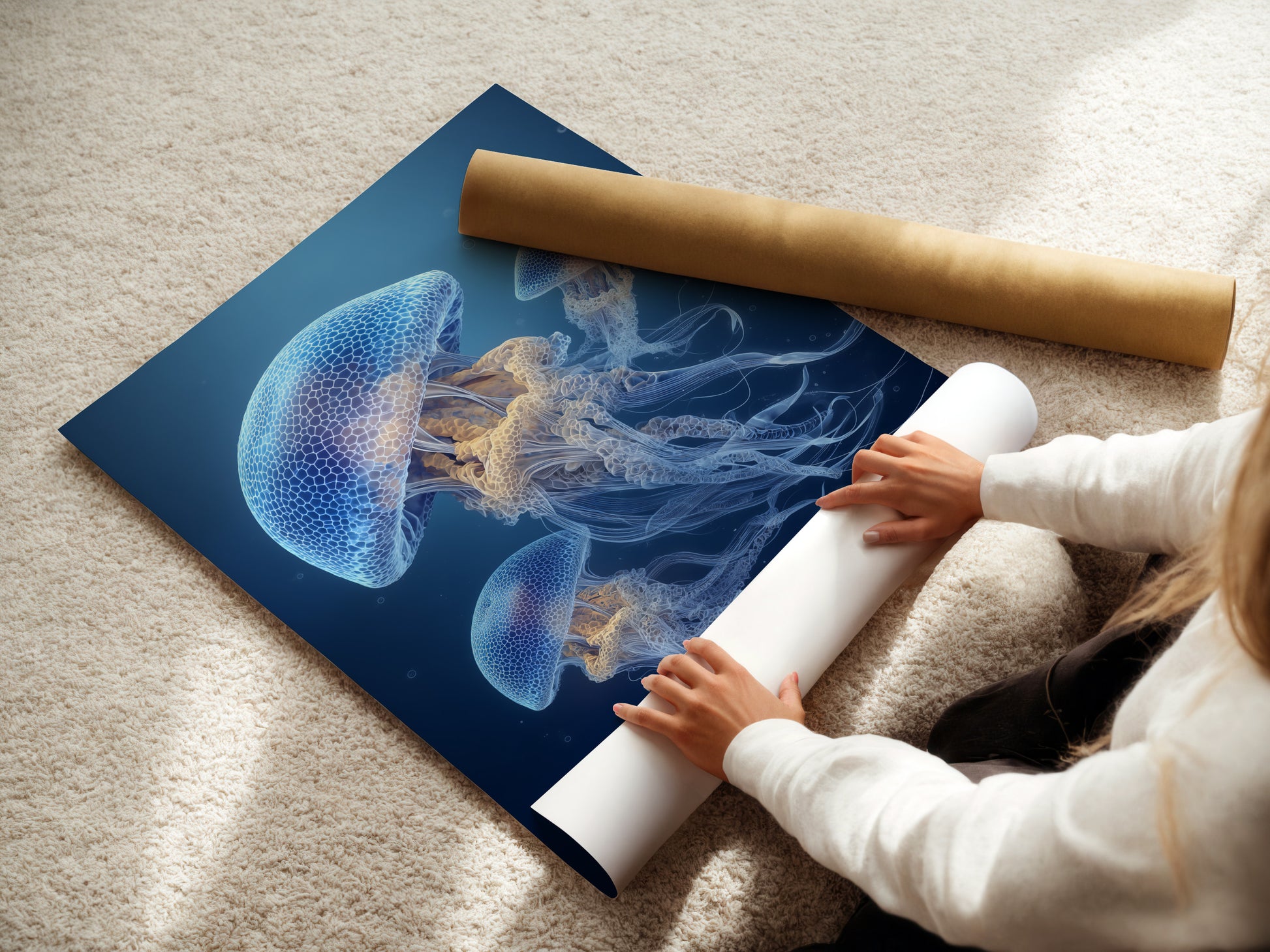 A woman carefully rolls fine art poster paper. She is handling the paper with care. This ensures the art remains pristine. The fine art poster paper is high quality. She is preparing the art for framing. The rolling process is very delicate. Preserving artwork requires precision. This is a step in art creation. Protecting the artwork is important. Prepare art with this method.