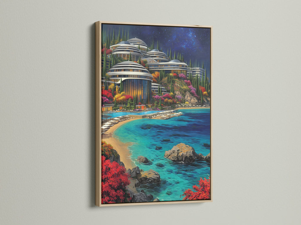 Futuristic Architecture artwork featuring a turquoise ocean is presented in an oak frame. This modern cityscape brings a coastal vibe to any room. The artwork captures a blend of sci-fi and contemporary styles. It enhances living rooms bedrooms and offices with refined art.