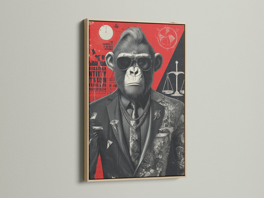Cool Gorilla Art Print in an oak frame. This quirky office art features a monkey dressed as a lawyer. This art makes a statement. Ideal for modern or eclectic styles