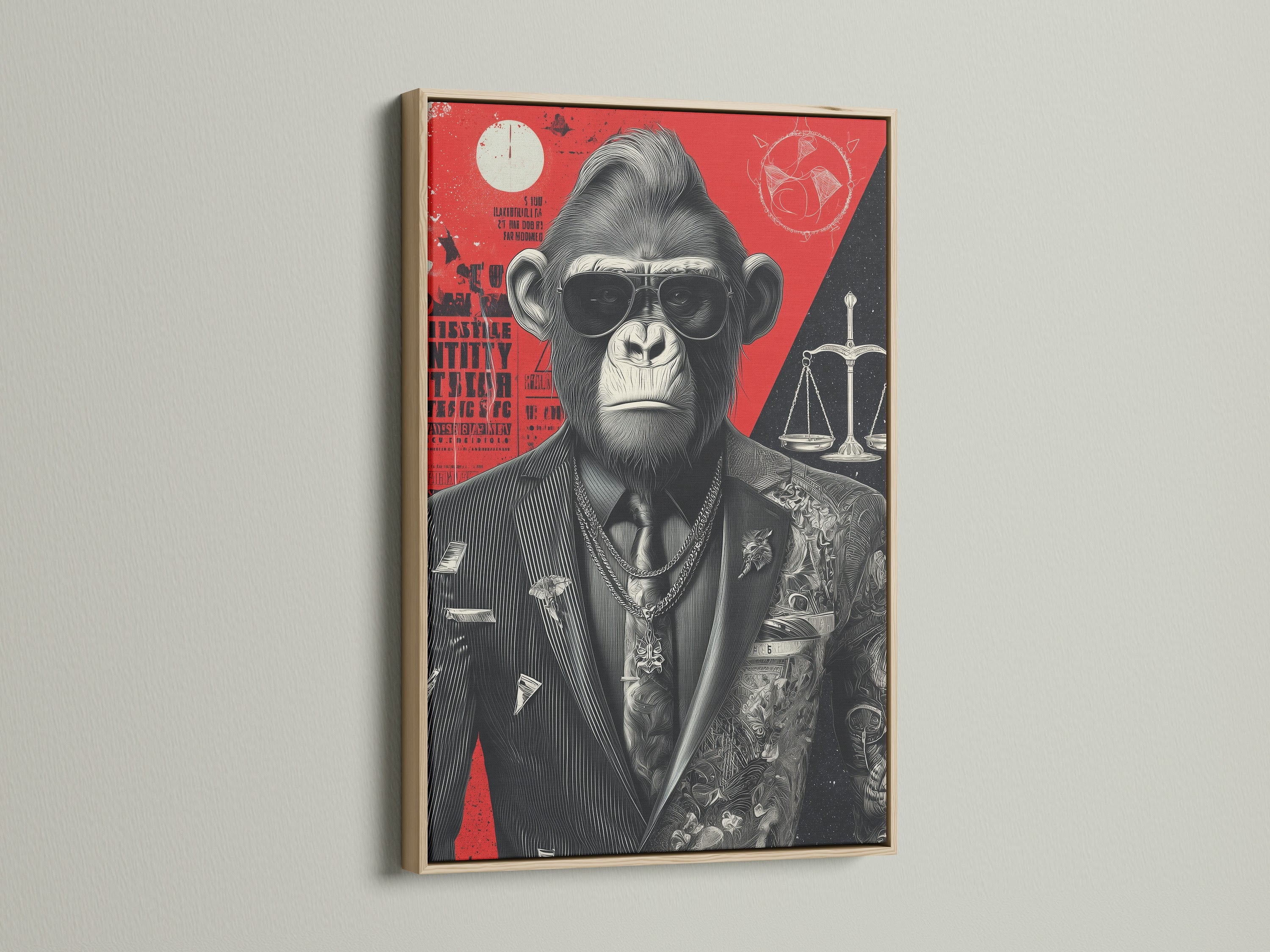 Cool Gorilla Art Print in an oak frame. This quirky office art features a monkey dressed as a lawyer. This art makes a statement. Ideal for modern or eclectic styles