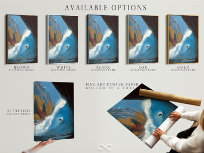Available options include a stretched canvas print fine art poster paper and floating frame. Surfing wave art for every taste. Ocean artwork in multiple formats. The wave print can be customized to your liking. Coastal artwork to match your style. Find the perfect surfer gift option.