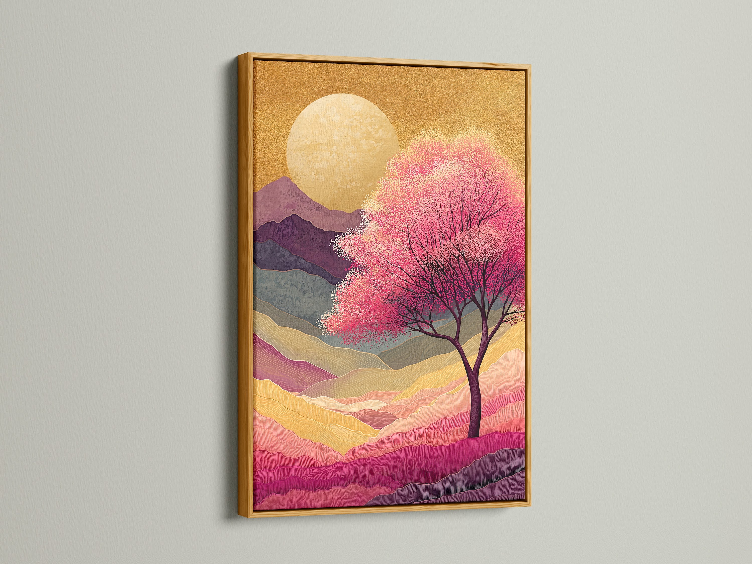 Japanese Cherry Blossom artwork is in a gold frame. The artwork features a pink sunset mountain landscape. It provides zen wall decor for a bedroom. The art adds a touch of elegance. Complements contemporary spaces.