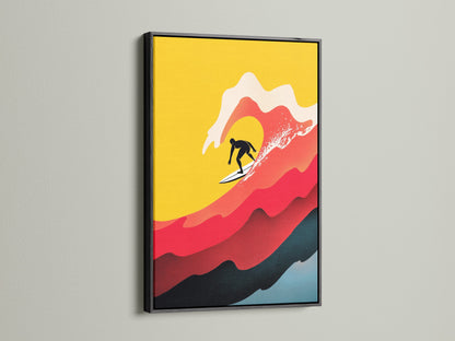 See the Surfing Canvas Print displayed in a black frame. The black frame creates a bold contrast with the retro wave artwork. This vintage surf poster adds sophistication to beach wall decor. A stylish piece of surf art.