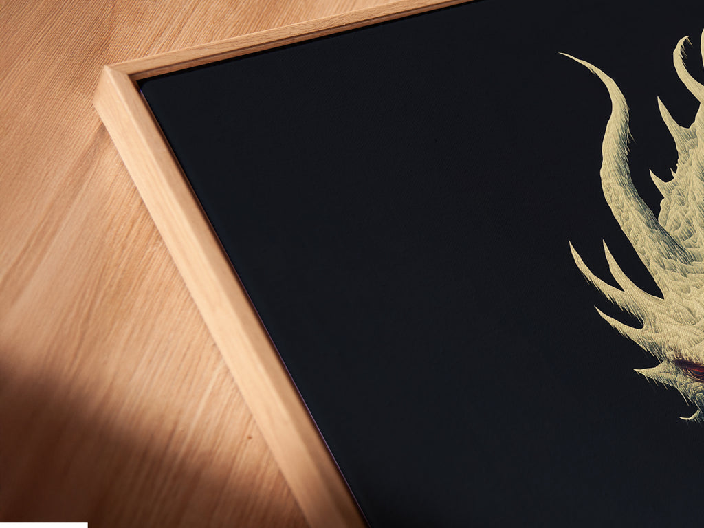 Here's a close-up of the canvas print in a floating frame. The dragon artwork is a great addition to any space. This gothic decor is ideal for living rooms and game rooms. The fantasy print is a must-have.