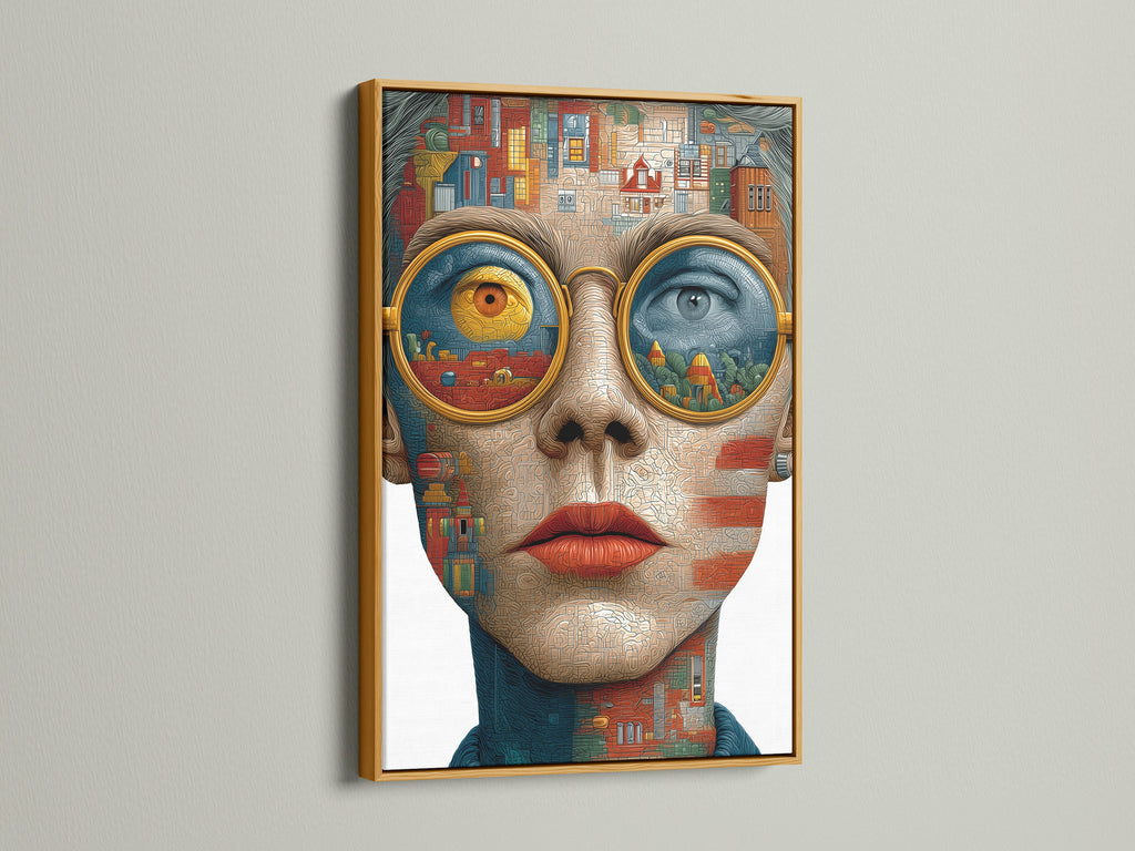 Surreal Portrait Canvas Art with a gold frame. This abstract face wall art is a contemporary digital artwork print for office wall decor. The gold frame adds a touch of elegance and luxury. It complements the artwork's surreal and abstract style. Perfect for adding a glamorous touch.
