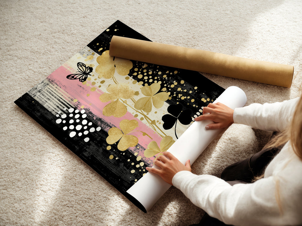 A woman rolls fine art poster paper featuring the Clover Canvas Print art. High-quality materials ensure a vibrant and lasting modern art print. Perfect for art enthusiasts and collectors.