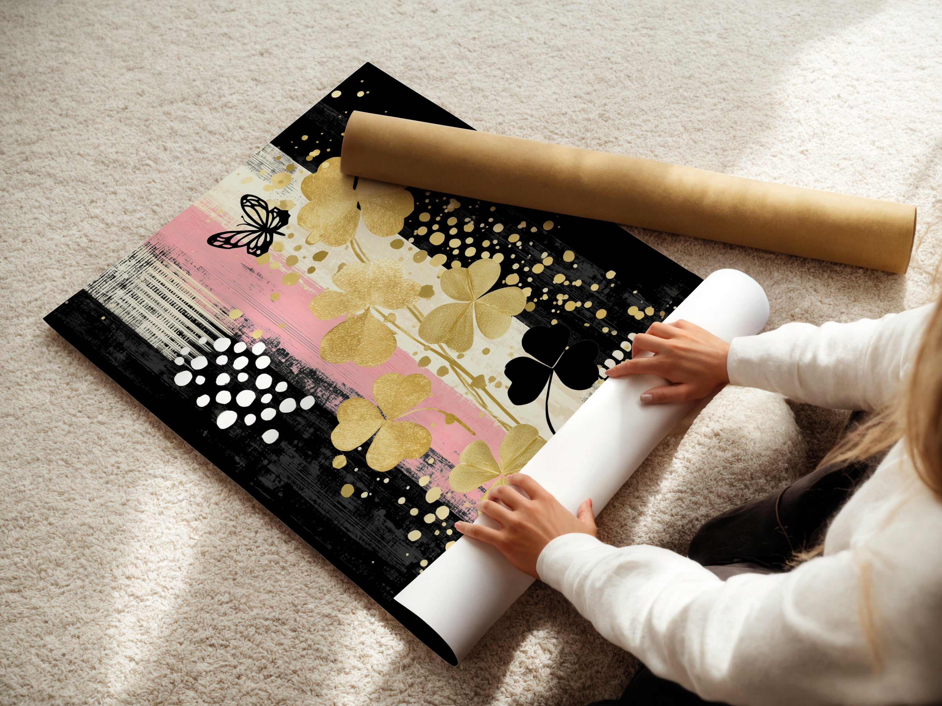 A woman rolls fine art poster paper featuring the Clover Canvas Print art. High-quality materials ensure a vibrant and lasting modern art print. Perfect for art enthusiasts and collectors.