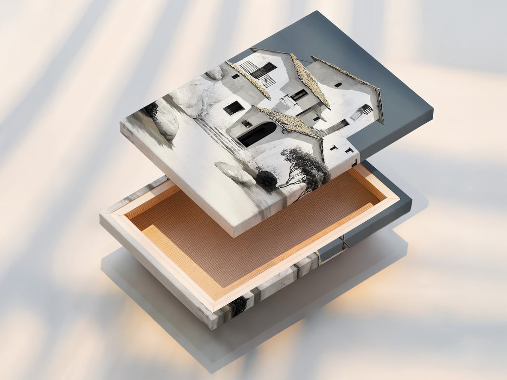 Stretched canvas print featuring Mediterranean house artwork. This coastal architecture wall art brings a touch of European charm. The minimalist white building art complements any decor. Find the perfect piece for your space. Shop now for elevated home art.