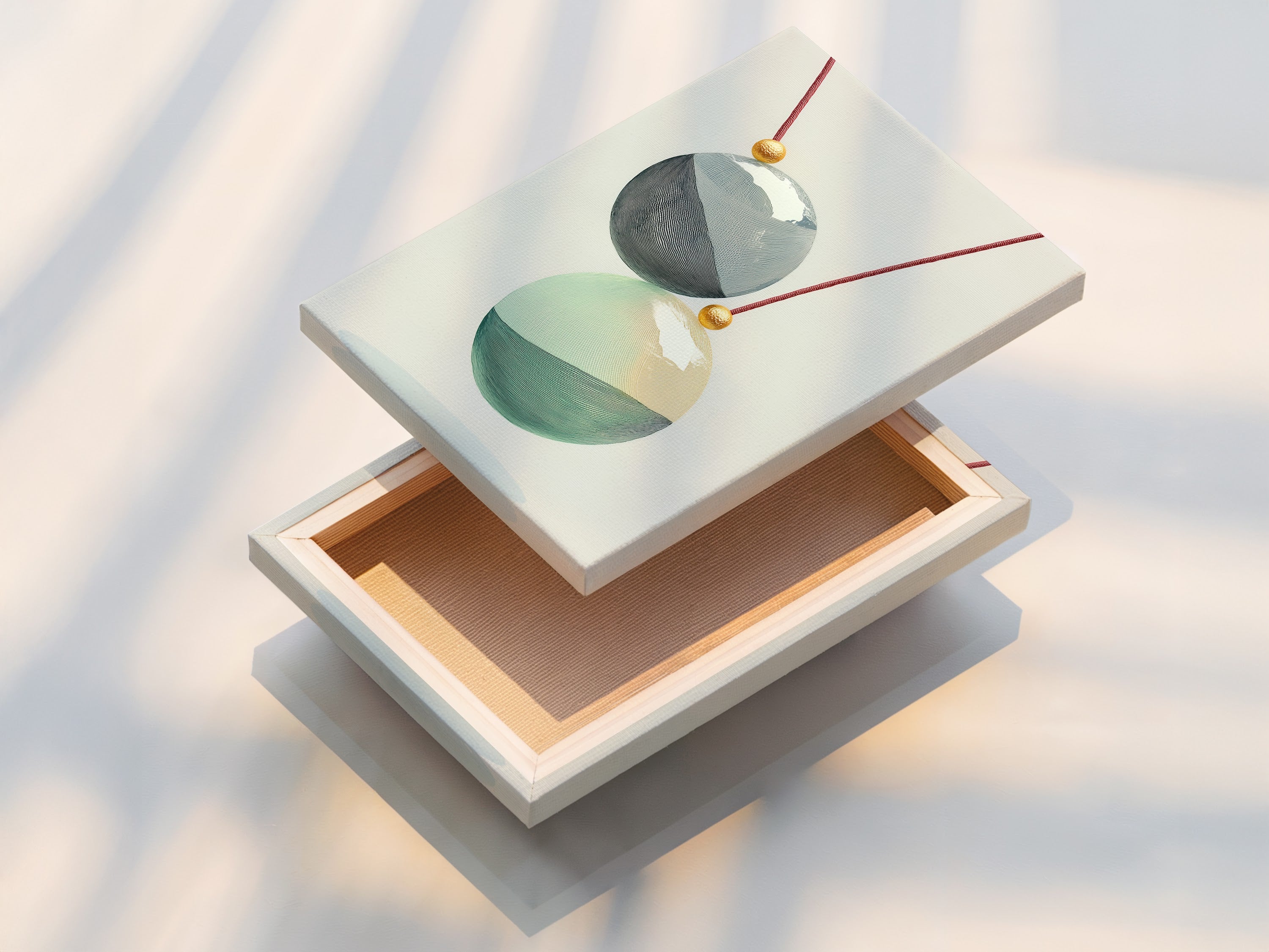 A stretched canvas print of Geometric Spheres. This modern wall art piece features teal and gold accents. Perfect for minimalist and Scandinavian interiors. Enhance your living room bedroom or office with this abstract artwork. Elevate your space today.