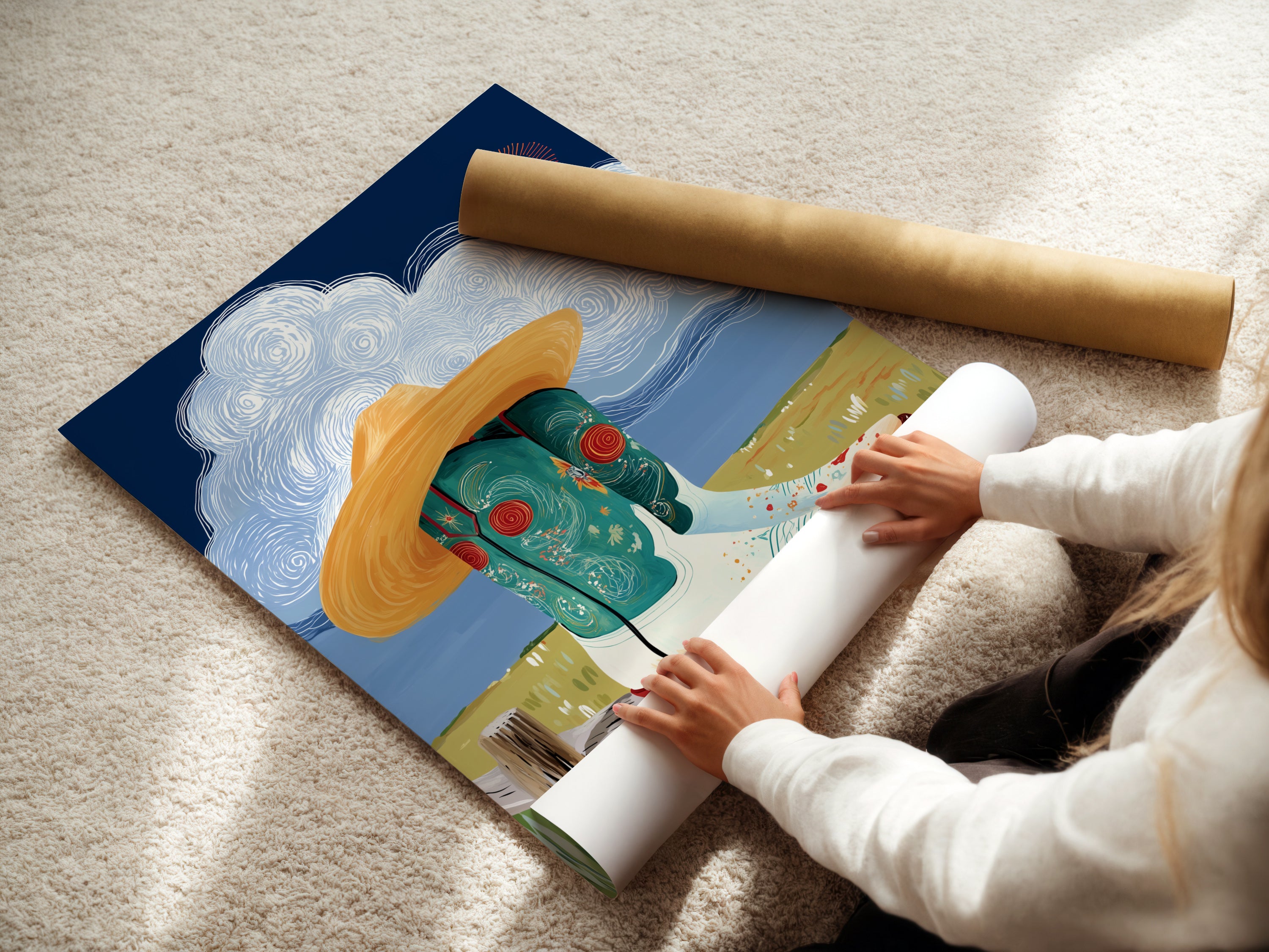 A woman rolling a fine art poster paper. The poster features the Cowgirl Boots art. Ready to add western style to your walls. Ideal for countrycore decor and farmhouse art. Get your fine art poster today.