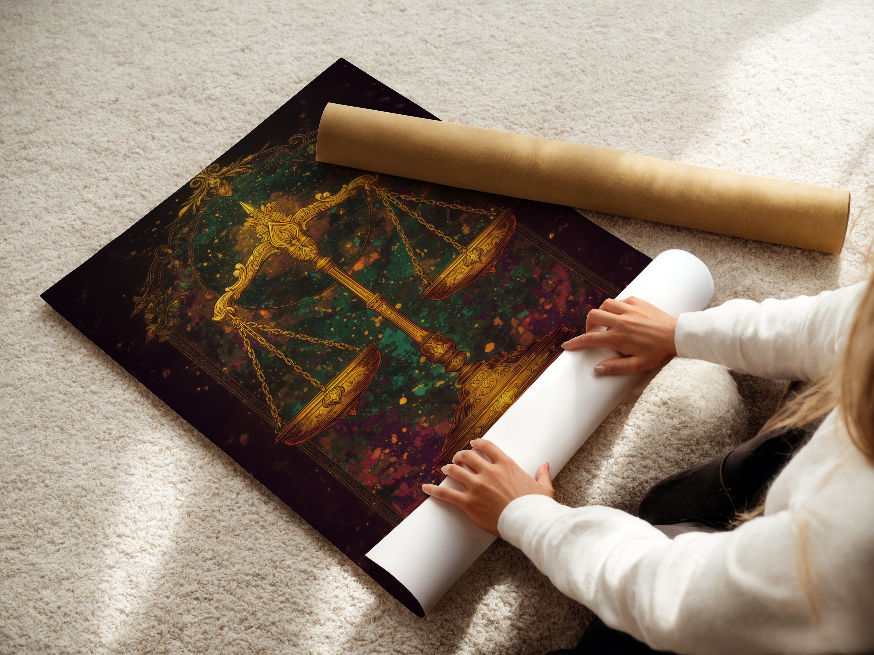 A woman carefully rolls a fine art poster paper featuring the Justice Scales. This ornate legal decor is perfect for shipping. This golden scales print brings cosmic astrology artwork to your space. Perfect for law offices.
