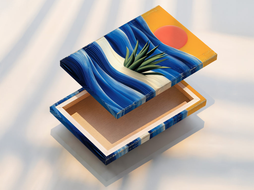 A stretched canvas print showcases coastal sunset artwork. Abstract ocean waves create a calming scene. Ideal for living rooms bedrooms and offices. Transform your space today.