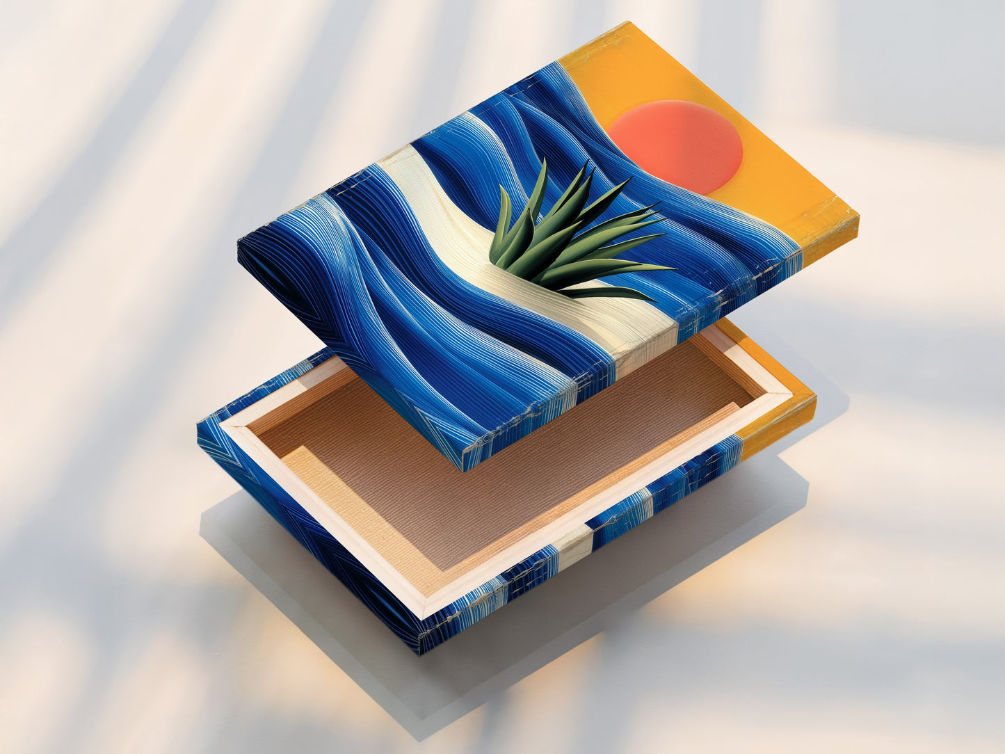 A stretched canvas print showcases coastal sunset artwork. Abstract ocean waves create a calming scene. Ideal for living rooms bedrooms and offices. Transform your space today.