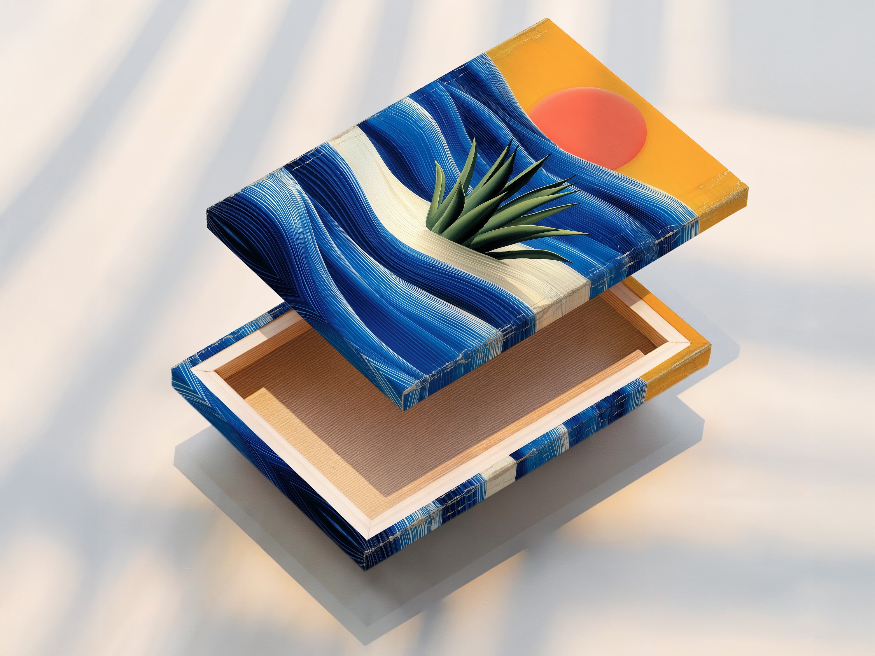 A stretched canvas print showcases coastal sunset artwork. Abstract ocean waves create a calming scene. Ideal for living rooms bedrooms and offices. Transform your space today.