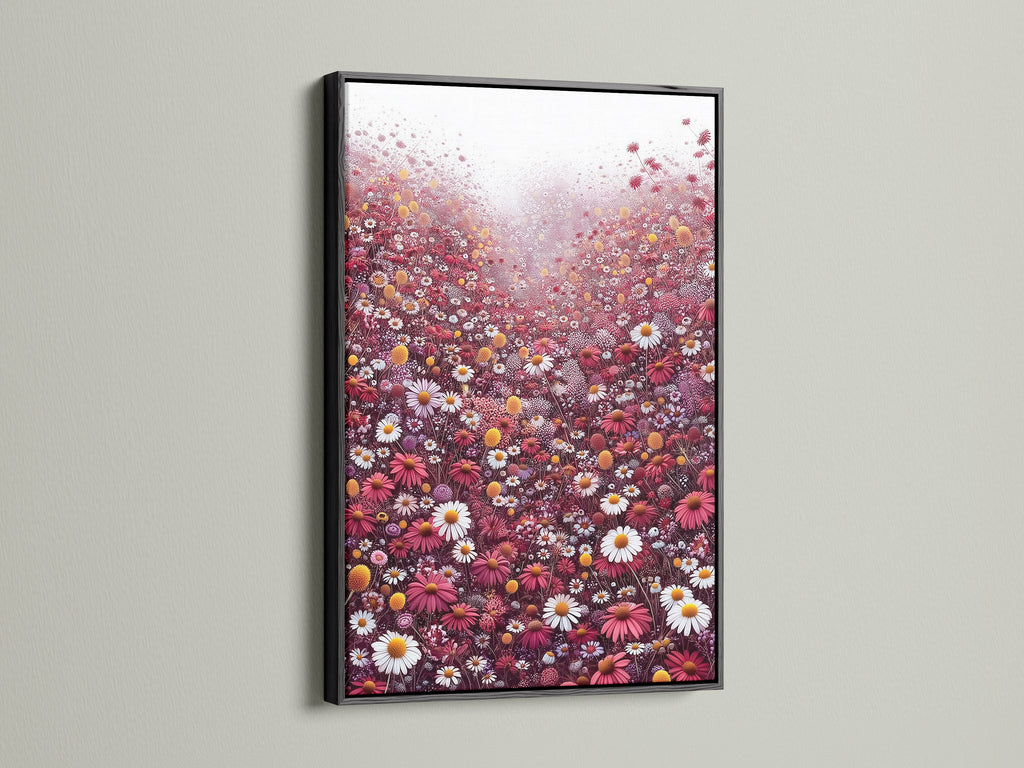 A striking black frame surrounds this floral meadow canvas artwork. The artwork is filled with red and white wildflowers. It offers a bold contrast and modern look. This botanical wall art is ideal for offices. Transform your space with this contemporary print.