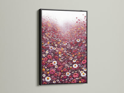 A striking black frame surrounds this floral meadow canvas artwork. The artwork is filled with red and white wildflowers. It offers a bold contrast and modern look. This botanical wall art is ideal for offices. Transform your space with this contemporary print.