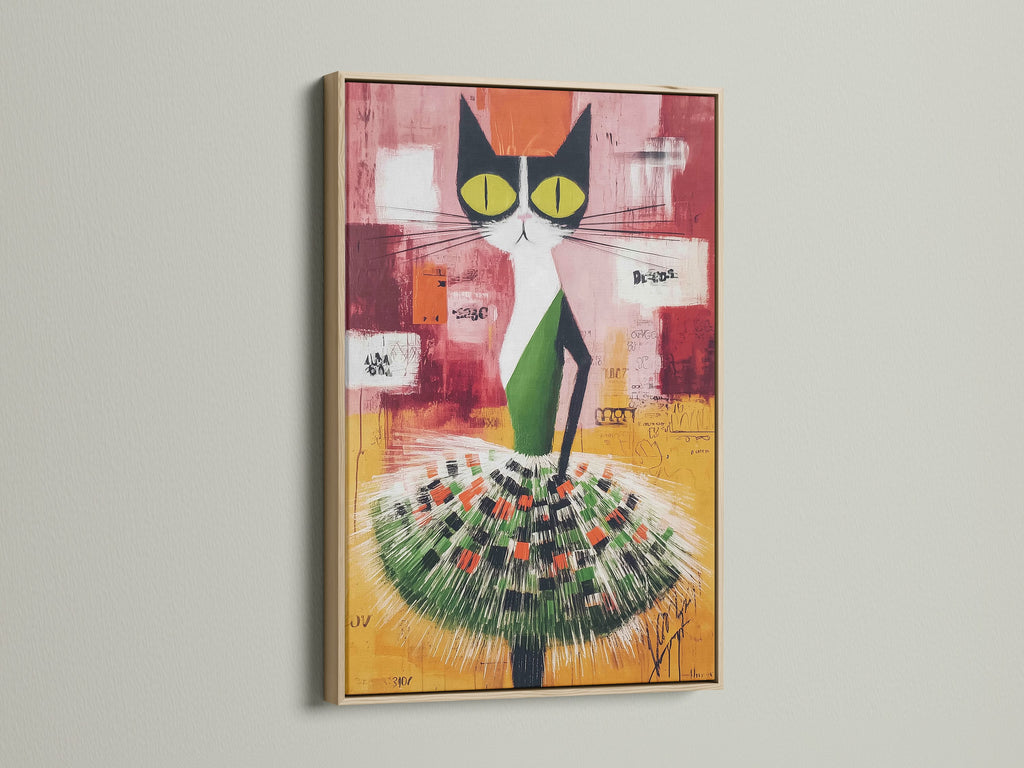 Abstract Cat art displayed in an oak frame. The colorful animal artwork brings a modern touch to any room. With green and orange hues this piece is ideal for a nursery or as a cat lover's gift. Discover its charm.