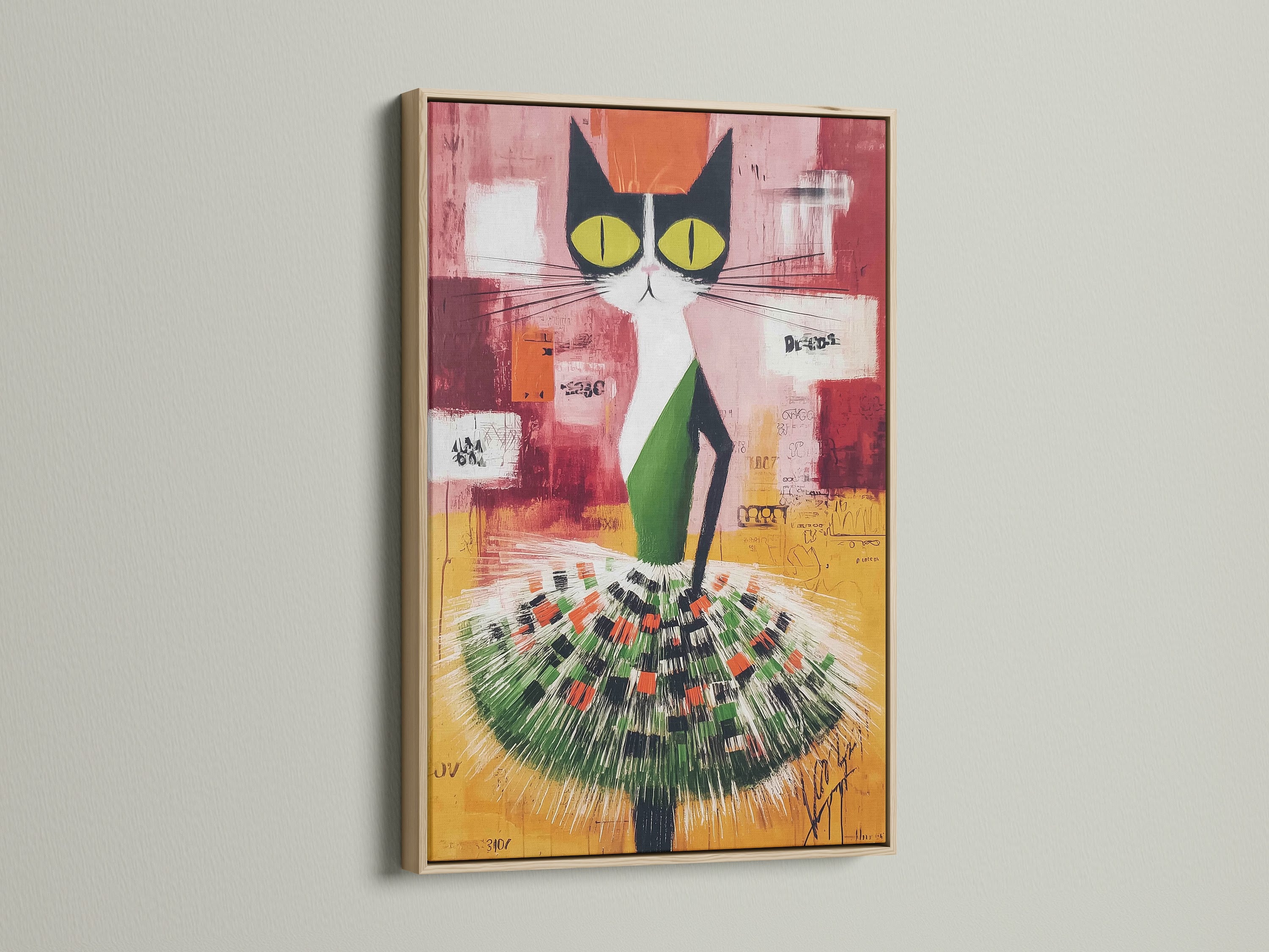 Abstract Cat art displayed in an oak frame. The colorful animal artwork brings a modern touch to any room. With green and orange hues this piece is ideal for a nursery or as a cat lover's gift. Discover its charm.