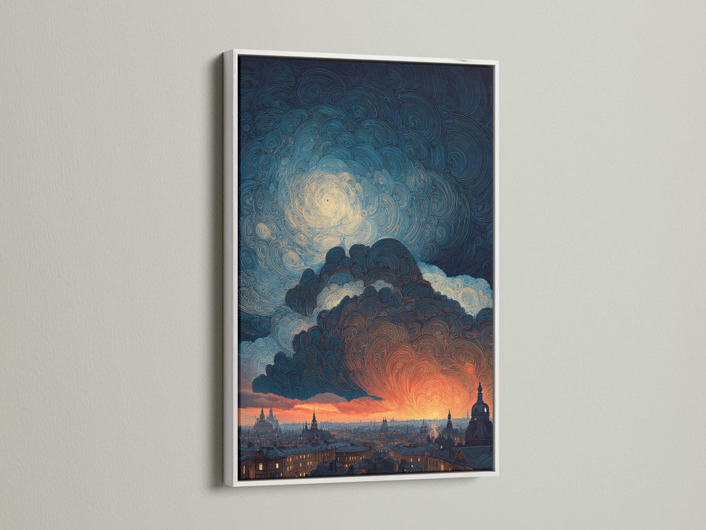 Swirling Sky artwork displayed in a white frame. The bright white frame contrasts beautifully with the art's swirling blues and oranges. This Van Gogh style cityscape is perfect for minimalist Scandinavian and coastal interiors. The white frame adds a clean fresh look.
