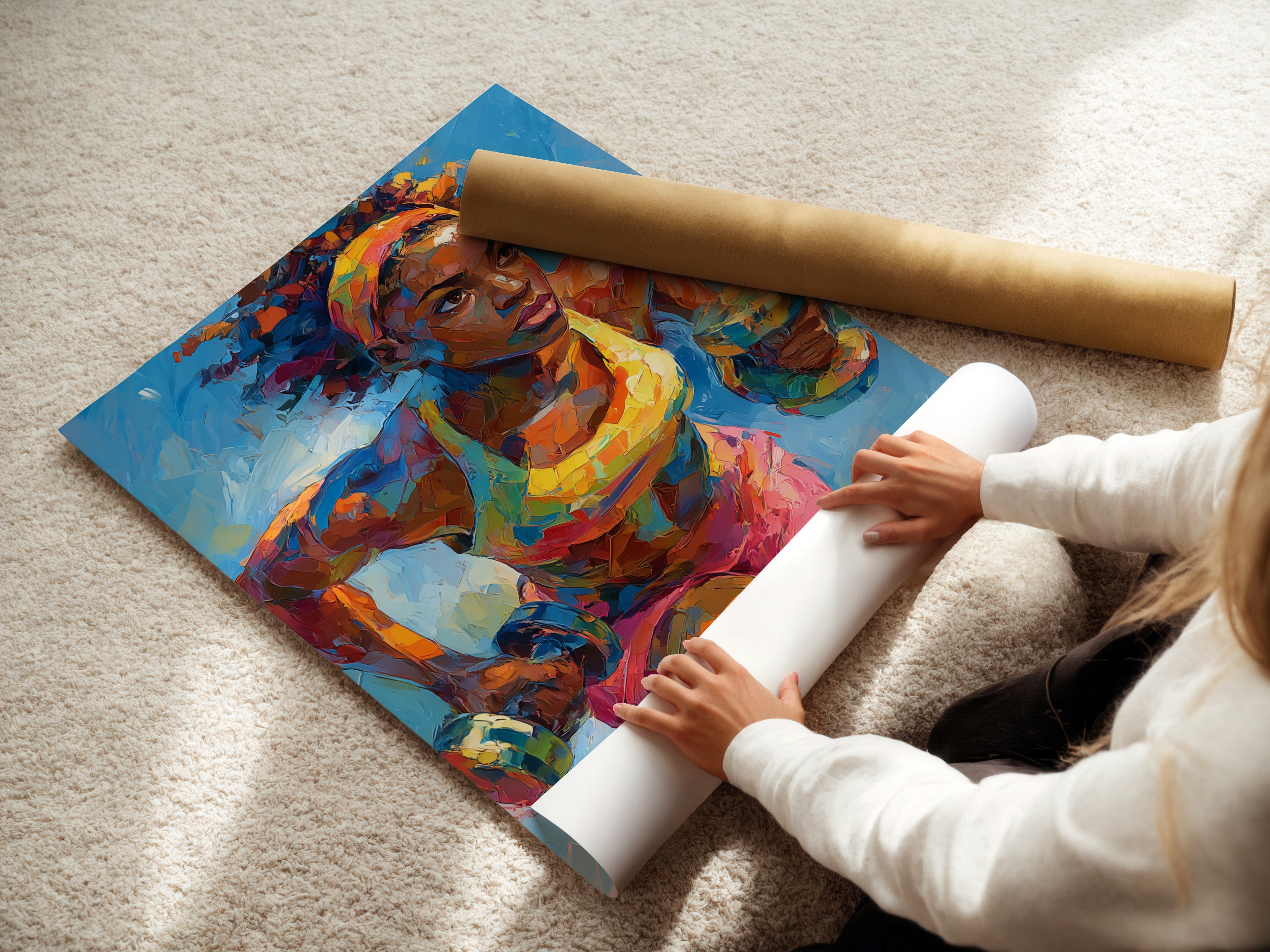 A woman carefully rolls a fine art poster paper. The artwork will soon be ready for display. High-quality printing ensures vivid colors and sharp details. Bring the energy of sports wall art into your space. The female boxer art is a fantastic addition.