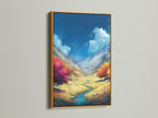 Mountain Valley Canvas Print in a Gold Frame. The artwork offers a mountain vista. The autumn landscape features vibrant fall colors. The gold frame adds a touch of elegance. Perfect as scenic wall art for your home. Enjoy nature's beauty indoors with this stunning print.