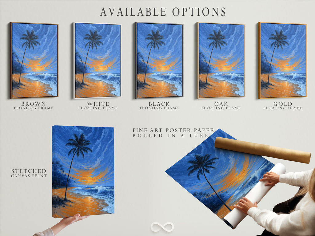 Explore available options for tropical beach art. Choose from stretched canvas prints fine art poster paper or floating frames. Admire the palm tree at sunset and ocean waves. Customize your coastal wall decor to match your unique style.