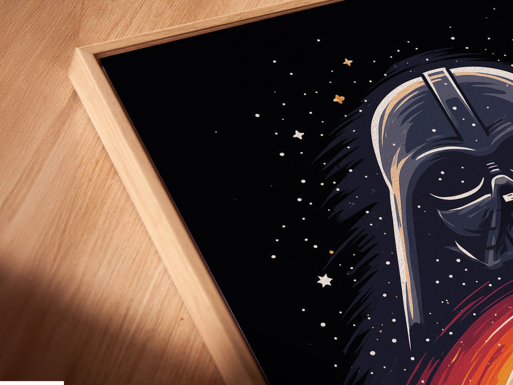 A close-up angled view of a Darth Vader canvas print is displayed. It comes in a floating frame. The sunset art enhances the sci-fi movie poster art. Add this unique piece to your man cave or bedroom decor.