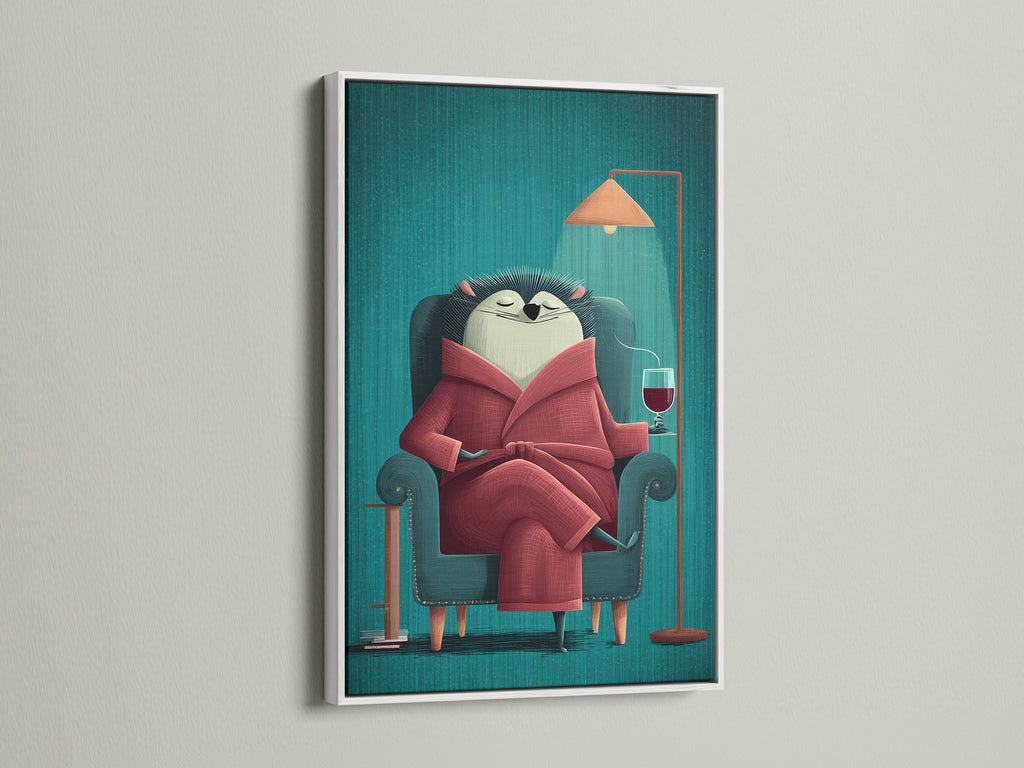 The Reading Hedgehog artwork is showcased in a clean white frame. The bright white frame offers a modern look. The white frame makes the art pop. This whimsical animal print is great for contemporary spaces. Add a touch of cute animal decor to your home.