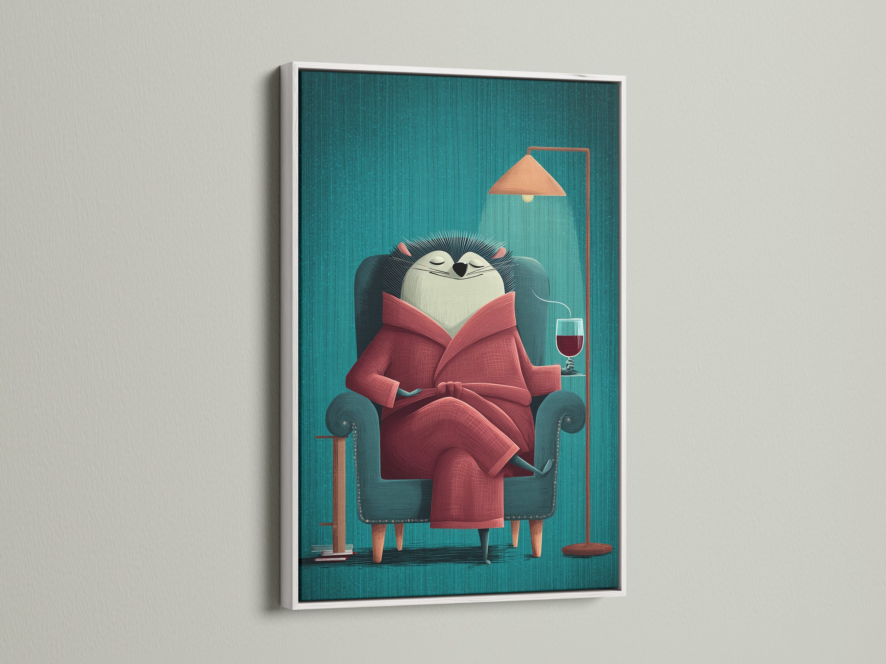 The Reading Hedgehog artwork is showcased in a clean white frame. The bright white frame offers a modern look. The white frame makes the art pop. This whimsical animal print is great for contemporary spaces. Add a touch of cute animal decor to your home.