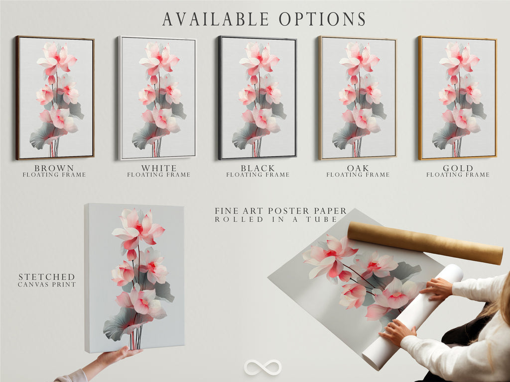Available options: stretched canvas print fine art poster paper and floating frame. The lotus flower artwork is customizable. Select the perfect format to match your style. Elevate your space with personalized art.