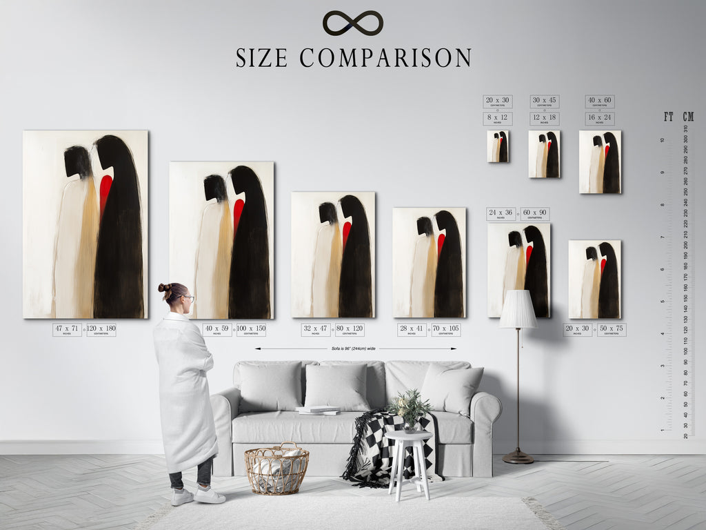 A size comparison chart is displayed in an interior setting. It shows the various sizes available for the abstract couple art print. Choose the perfect dimensions for your modern romance wall art. Find the ideal fit for your living room or bedroom wall.