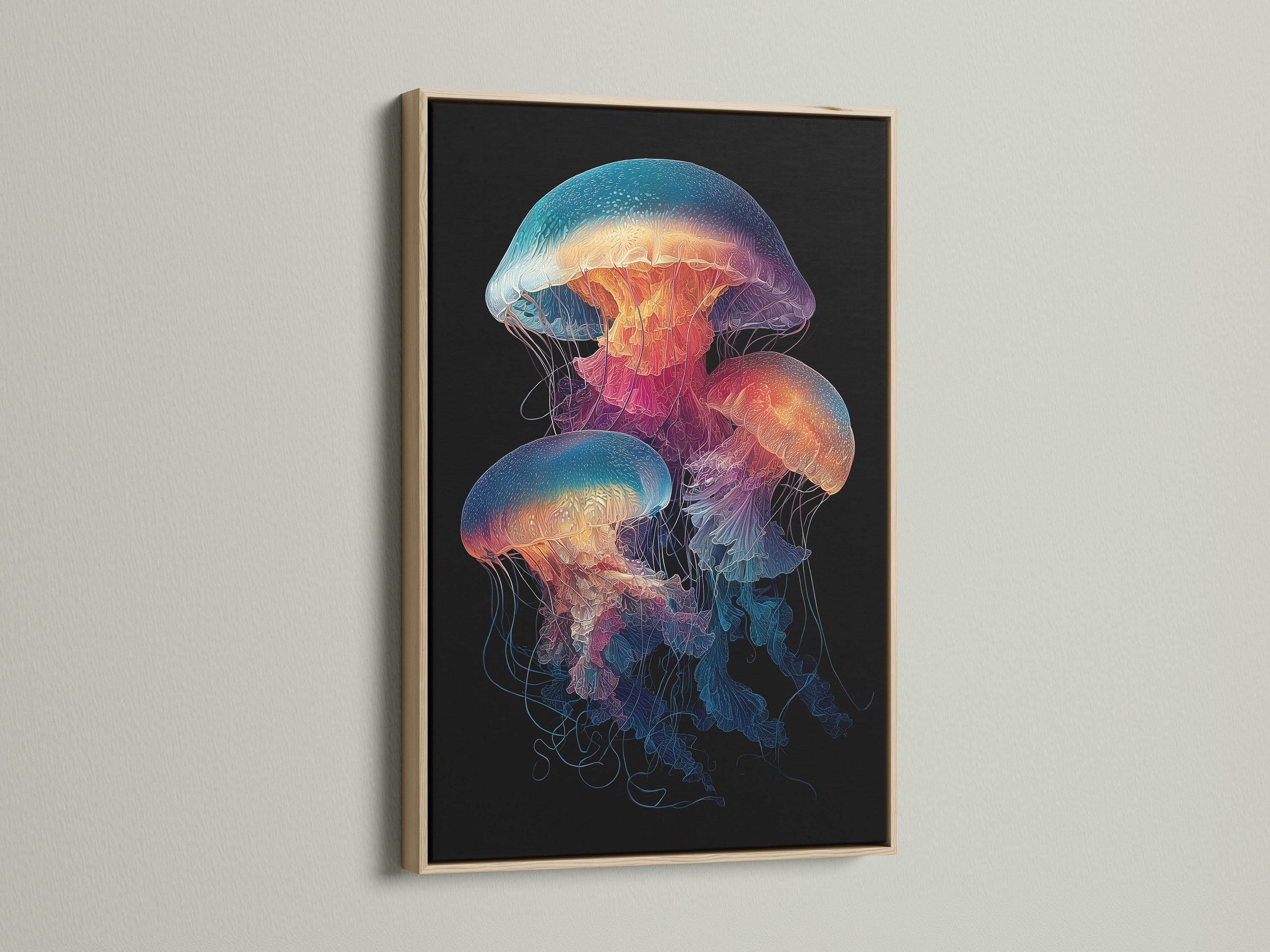 A colorful jellyfish art print is showcased in an oak frame. The marine life artwork brings a touch of the ocean to your walls. This ocean canvas is ideal for coastal and tropical styled homes. It enhances bathroom wall art living room wall decor or any space needing vibrant sea life artwork.