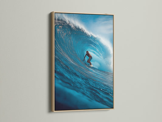 A surfer navigates a barrel wave in an oak framed print. The oak frame enhances the ocean artwork. Perfect for coastal homes. This framed art brings a touch of the sea inside.