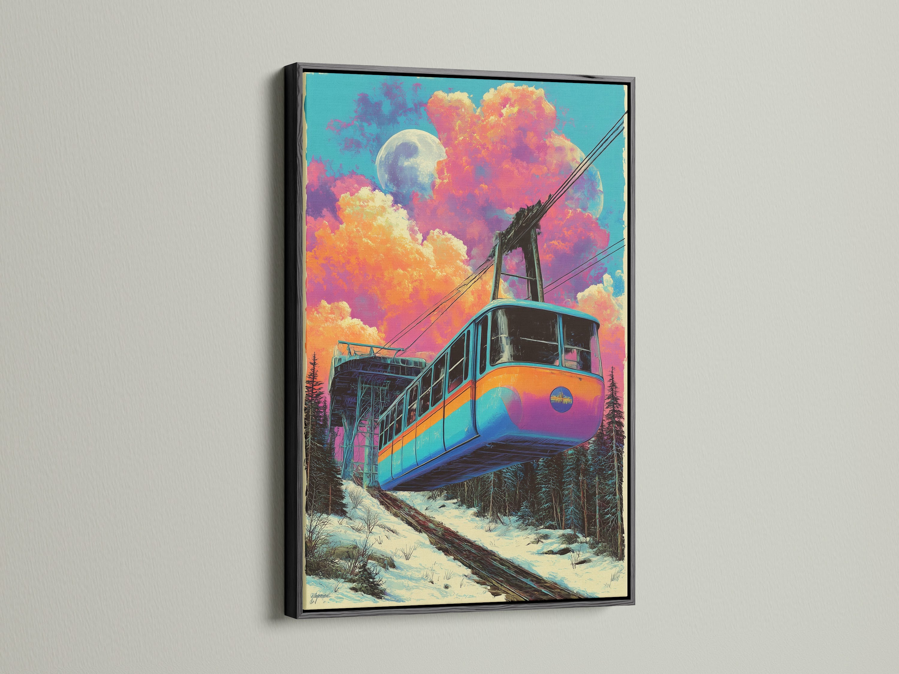 Retro cable car artwork with a black frame. This vintage ski lift print offers a sleek and sophisticated touch. The mountain railway canvas adds drama to your walls. This transport artwork is ideal for modern interiors.