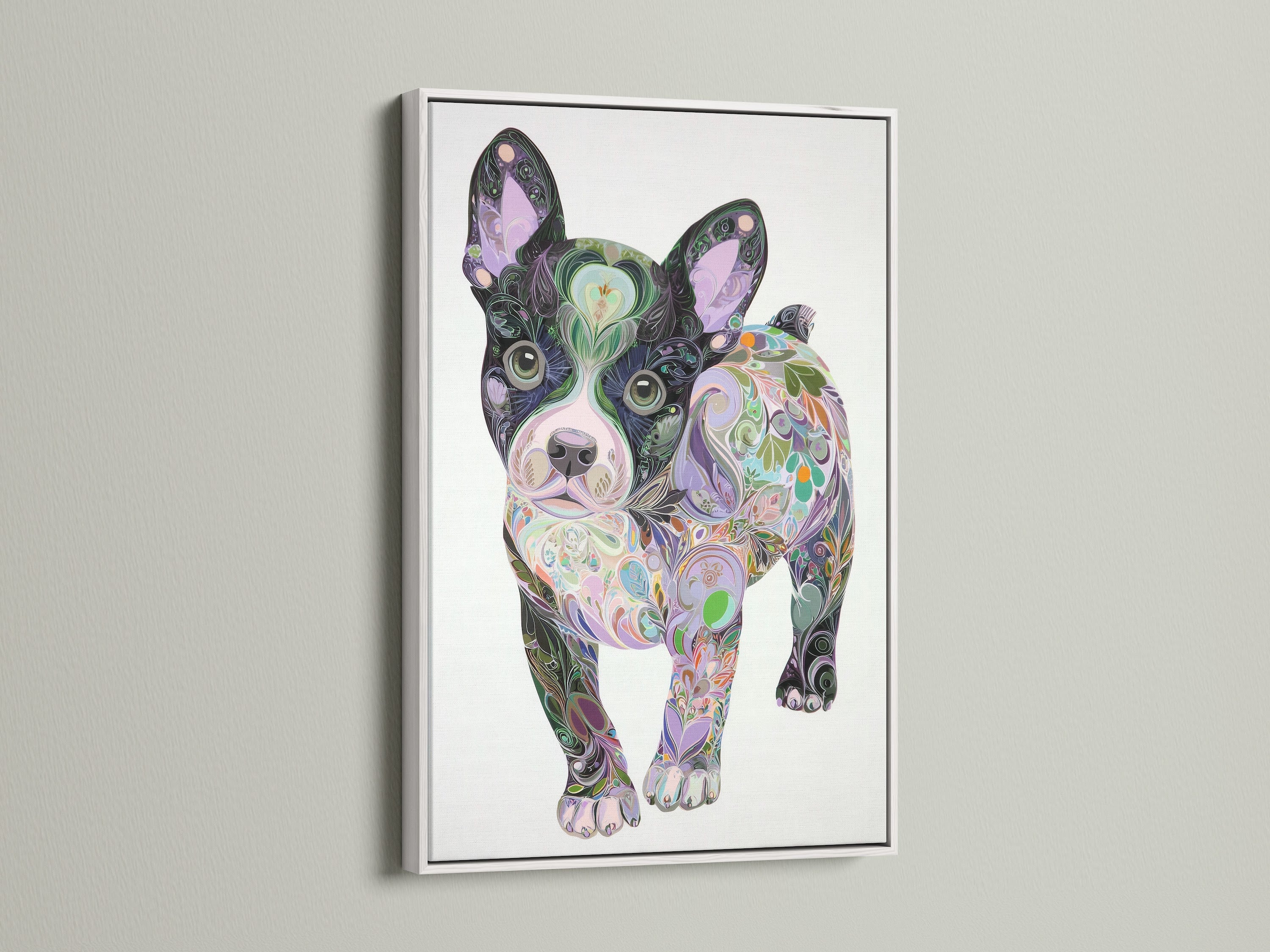 French Bulldog art in a white floating frame. This colorful dog wall art features a psychedelic pet portrait. It's a great piece of bedroom decor. Consider it as a unique Frenchie art gift. The white frame is modern.