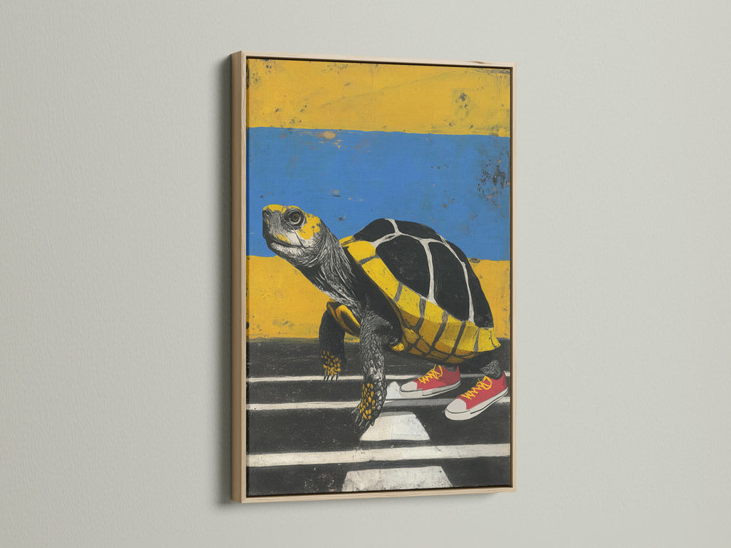 The 'Turtle Sneakers' art print is showcased in an oak frame. This animal wall art brings a whimsical touch to your space. The turtle canvas art is perfect for adding a fun contemporary vibe. Ideal for living rooms or offices. The print features yellow and blue tones.