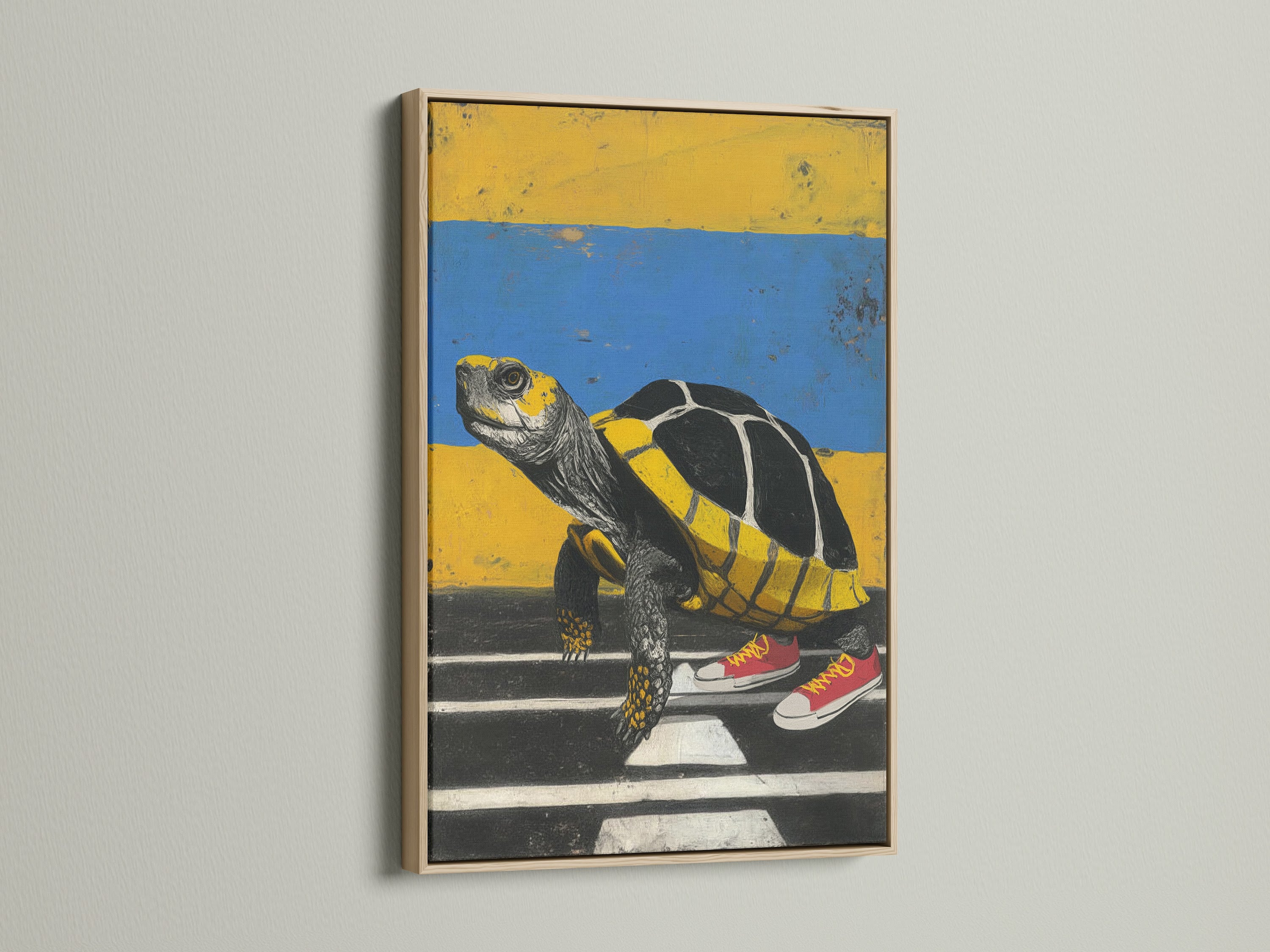 The 'Turtle Sneakers' art print is showcased in an oak frame. This animal wall art brings a whimsical touch to your space. The turtle canvas art is perfect for adding a fun contemporary vibe. Ideal for living rooms or offices. The print features yellow and blue tones.