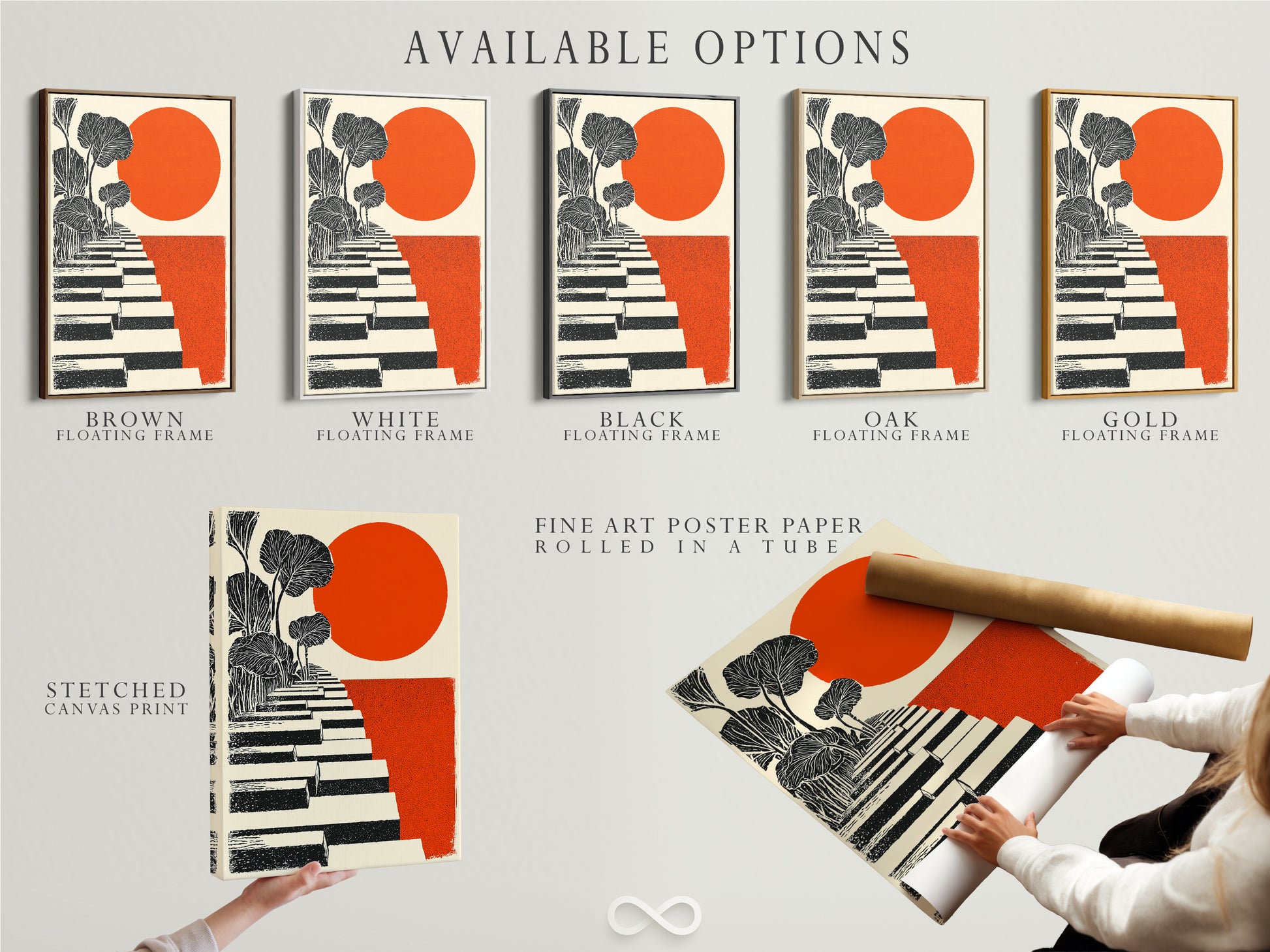 Available options for the Botanical Stairs artwork are displayed. Choices include a stretched canvas print a fine art poster paper and a floating frame. Select the perfect format to complement your modern artwork and decor style.