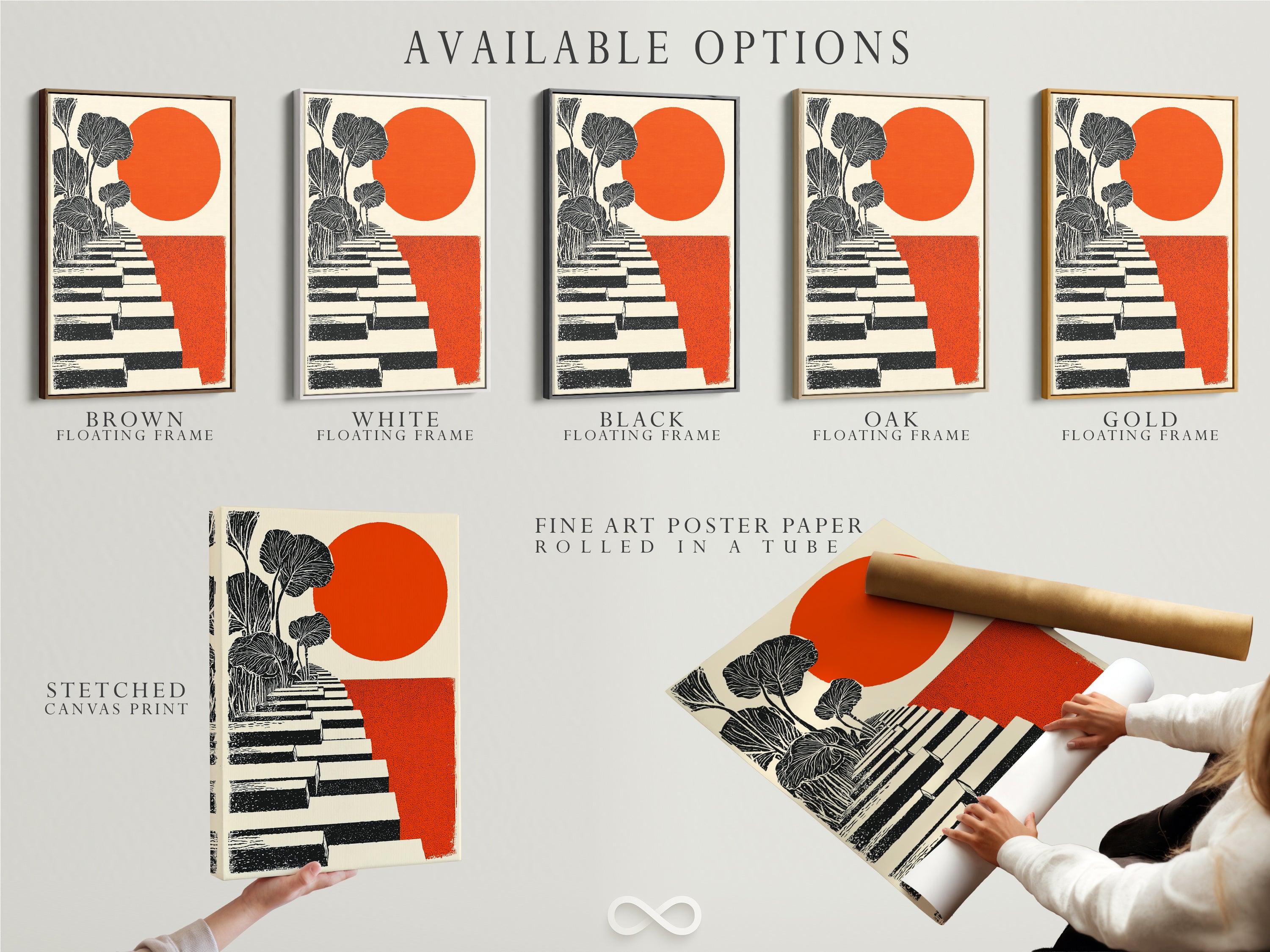 Available options for the Botanical Stairway artwork: stretched canvas print fine art poster paper and floating frame. The orange sun art adds a modern touch. The geometric print enhances minimalist and contemporary spaces. Perfect for office decor or home art.
