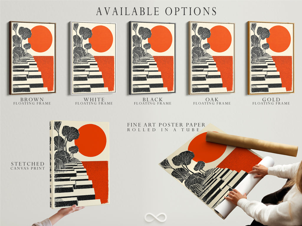 Available options for the Botanical Steps artwork include a stretched canvas print fine art poster paper and floating frame. Choose the perfect format to match your style. This modern plant artwork is ideal for contemporary homes and offices seeking minimalist wall decor.