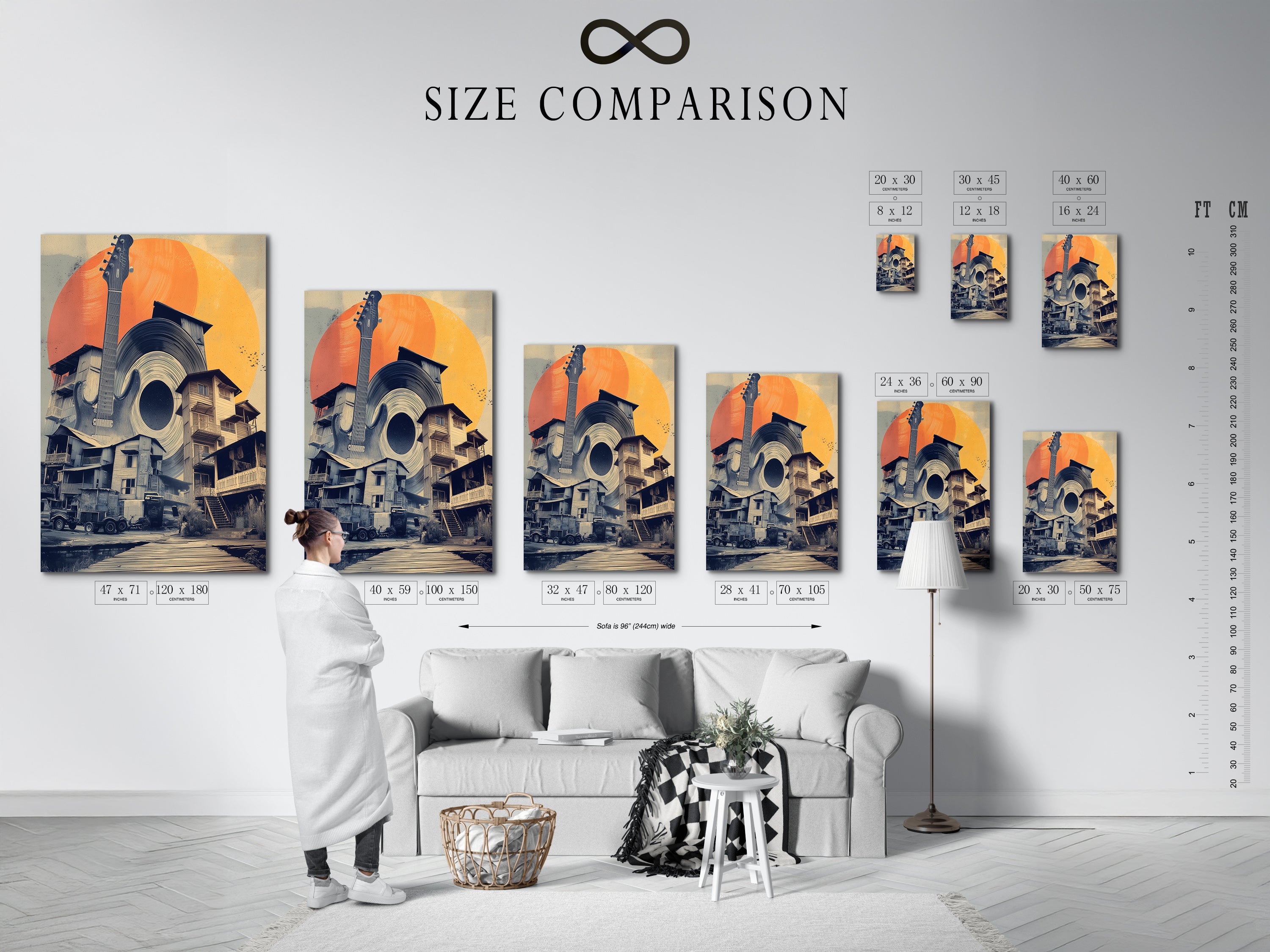 A size comparison chart is shown in an interior setting. The chart illustrates the various sizes available for the Musical Village canvas print. This helps customers visualize the artwork in their own space. It ensures the perfect fit for any room.