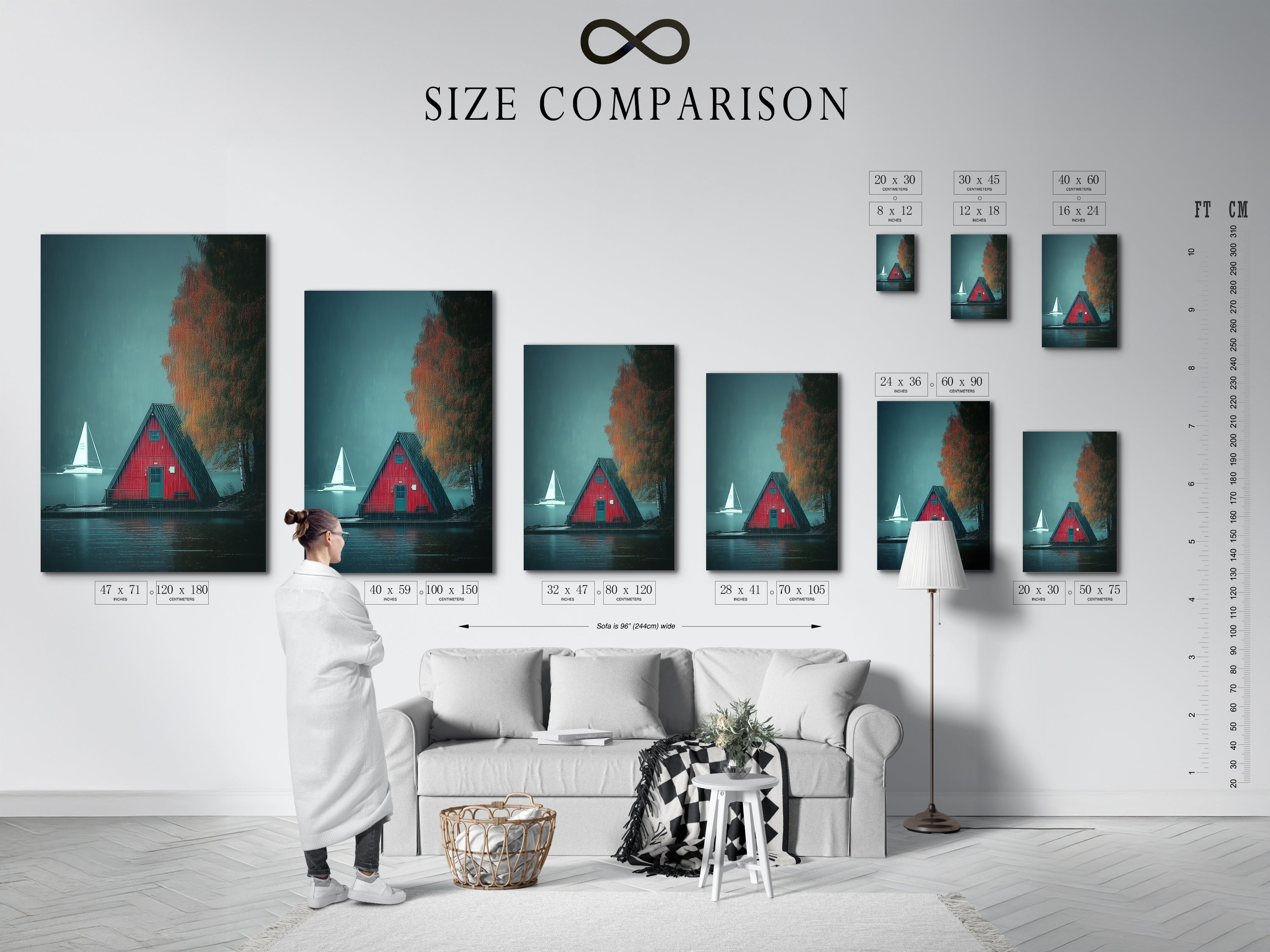 A size comparison chart is showcased in an interior setting. The chart displays various sizes for the A-Frame Cabin artwork. This helps you visualize the perfect size for your space. The artwork features a moody lake landscape. Ideal for cottagecore decor and cozy home aesthetics.