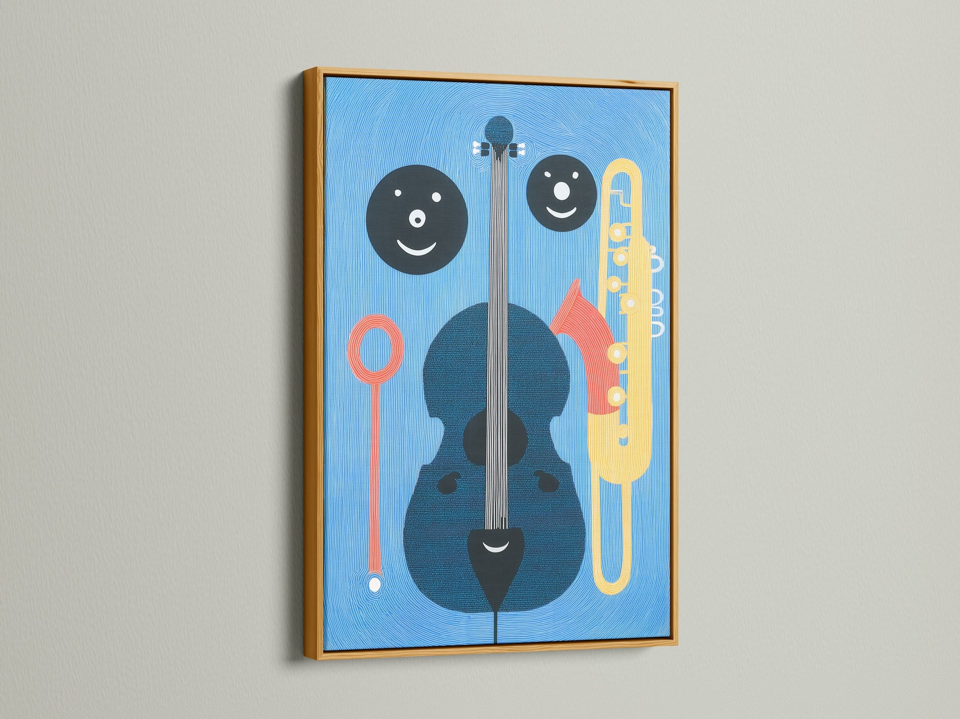 Elevate your space with this abstract jazz wall art. A cello and trumpet are framed in a luxurious gold frame. The sound wave art brings a modern and musical aesthetic to any room or studio.