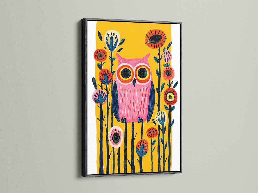 Colorful Owl Wall Art in a Black Frame. The folk art print features a whimsical bird. It's ideal for nursery wall decor or a kids room. The artwork adds a modern folk art touch. Bird art prints are perfect for children. The yellow wall art is a delightful addition to any space.