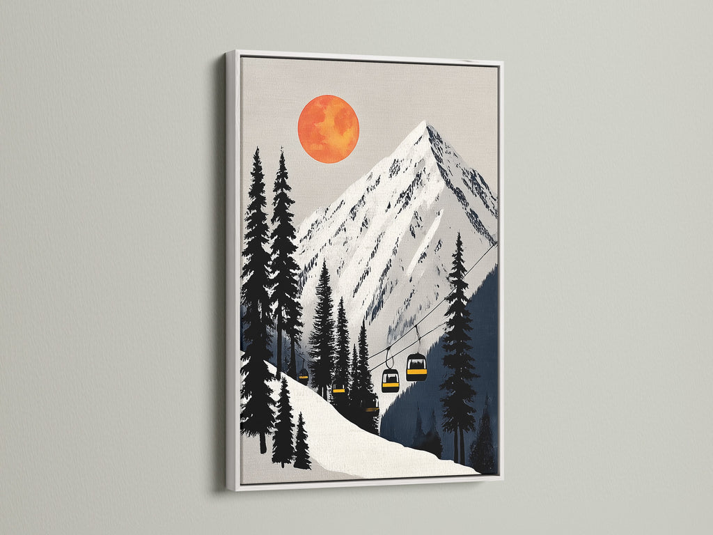 White frame highlighting the mountain ski lift artwork. This fine art print is perfect for minimalist decor. Imagine this alpine landscape in your cabin. This winter sports poster adds a touch of adventure. Enhance your space with ski lodge artwork.